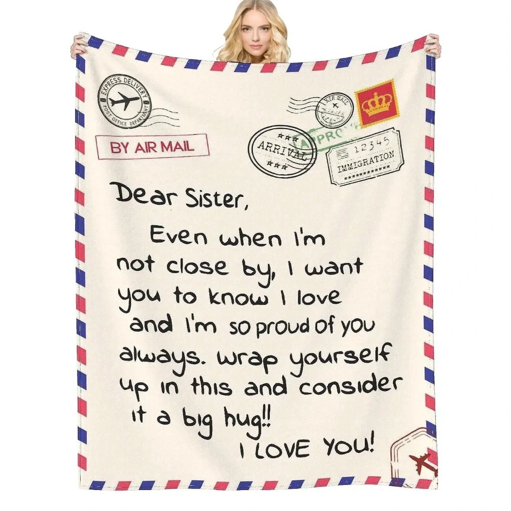 Dear Sister Airmail Letter Fleece Throw Blanket White Red Blue 50x60 Gift Throw